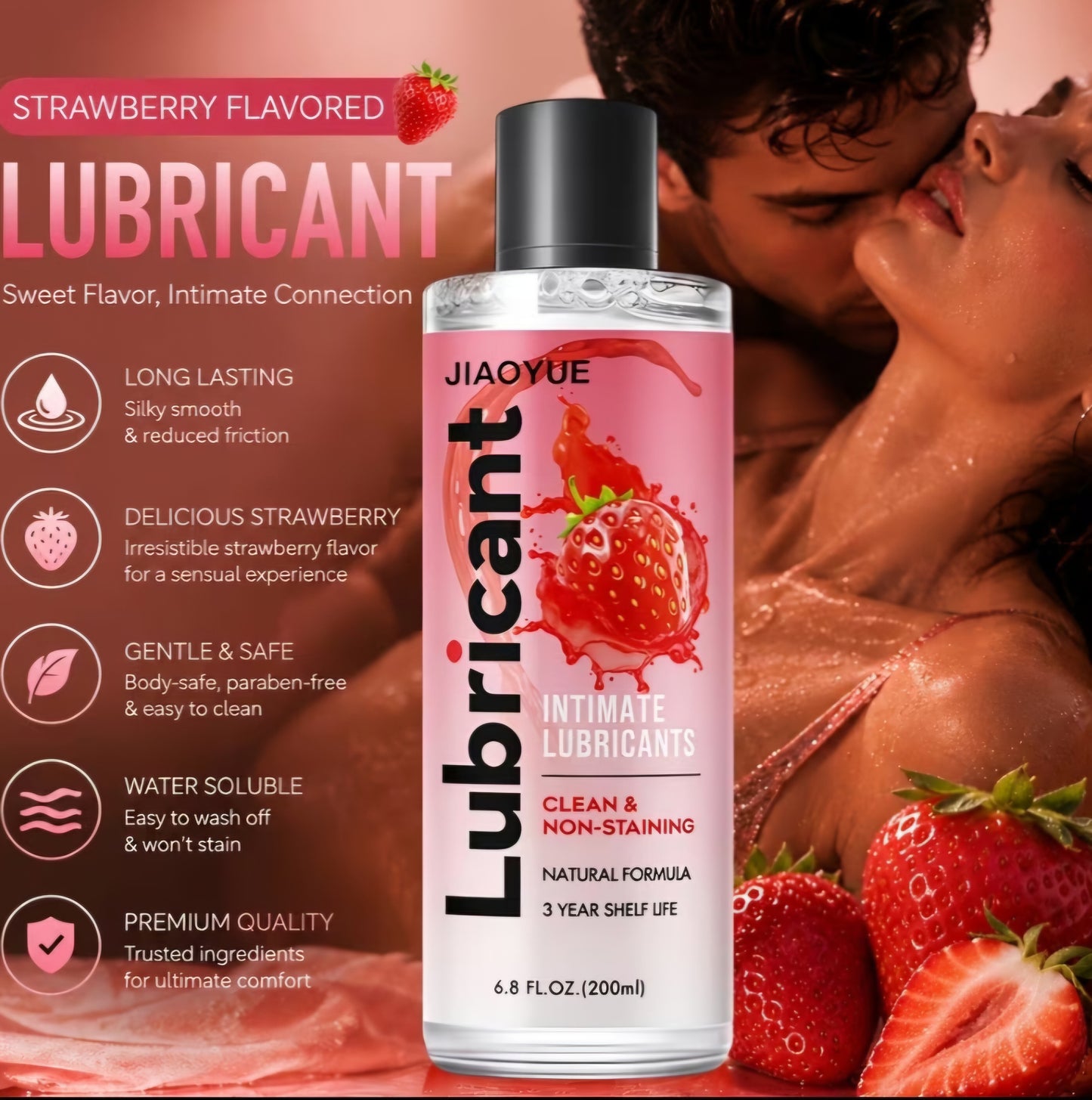 Strawberry Flavored Intimate Lubricant – Water-Based, Long-Lasting Lube & Non-Staining Formula (6.8 fl oz / 200 ml)
