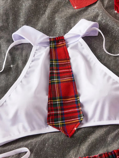 Playful Schoolgirl Lingerie Set – 4-Piece Plaid Role-Play Uniform with Halter Top & Necktie.  Size M.