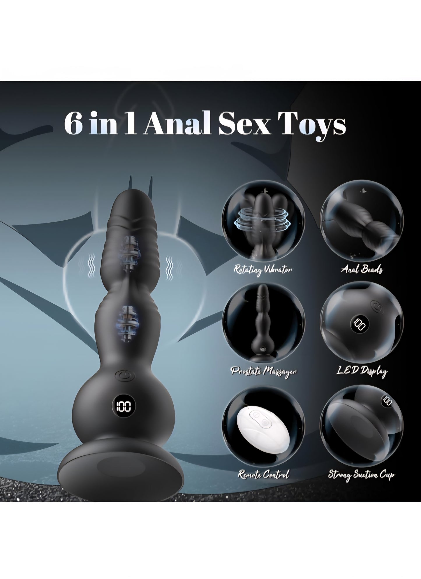 360°Rotation Anal Vibrators Prostate Massager, 10 Modes Rotating Vibrating Anal Beads LED Display Butt Plug with Remote Control, Strap-on Anal Sex Toys with Strong Suction Cup Adult Toys for Men