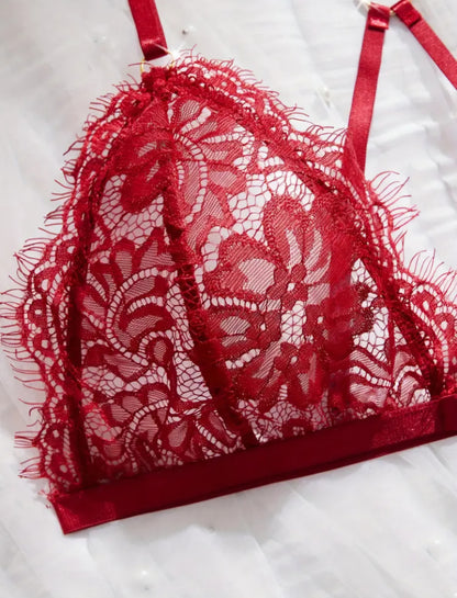 🌹 Sensual 3-Piece Red Eyelash Lace Lingerie Set - Size M 🌹