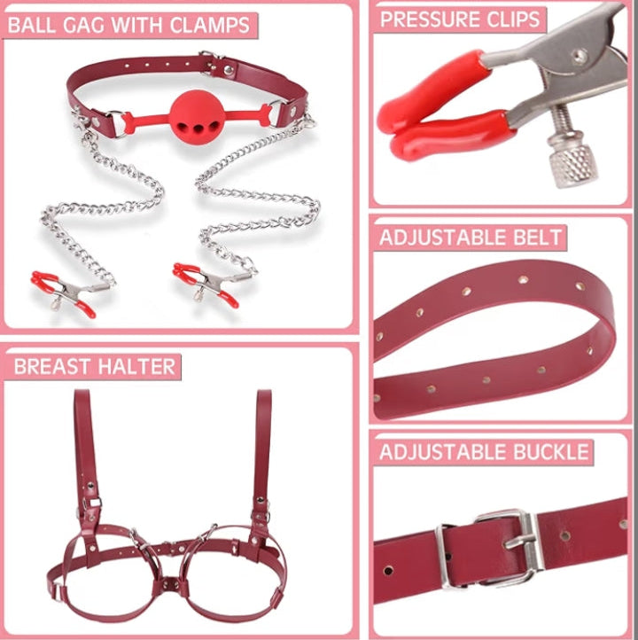 BDSM Sex Bondage Breast Restraints, B to D Cup Chest Harness Boobs Cincher with Silicone Ball Gag & Nipple Clamps, Sex Harness Kinky Lingerie Bra SM Games Sex Toys for Women Couples Beginner (Red)