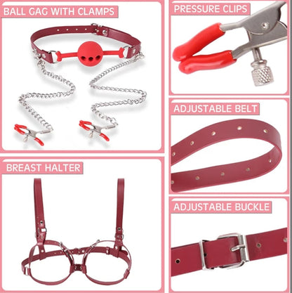 BDSM Sex Bondage Breast Restraints, B to D Cup Chest Harness Boobs Cincher with Silicone Ball Gag & Nipple Clamps, Sex Harness Kinky Lingerie Bra SM Games Sex Toys for Women Couples Beginner (Red)