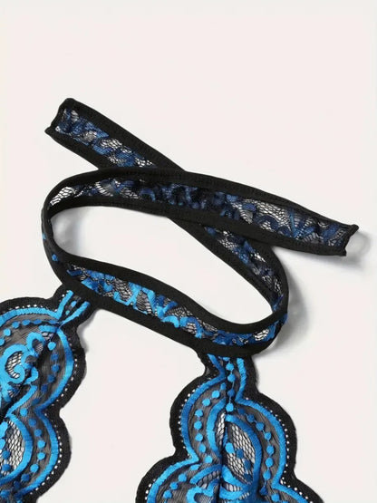 Halter Neck Lace Contrast Crotchless Lingerie (Blue)