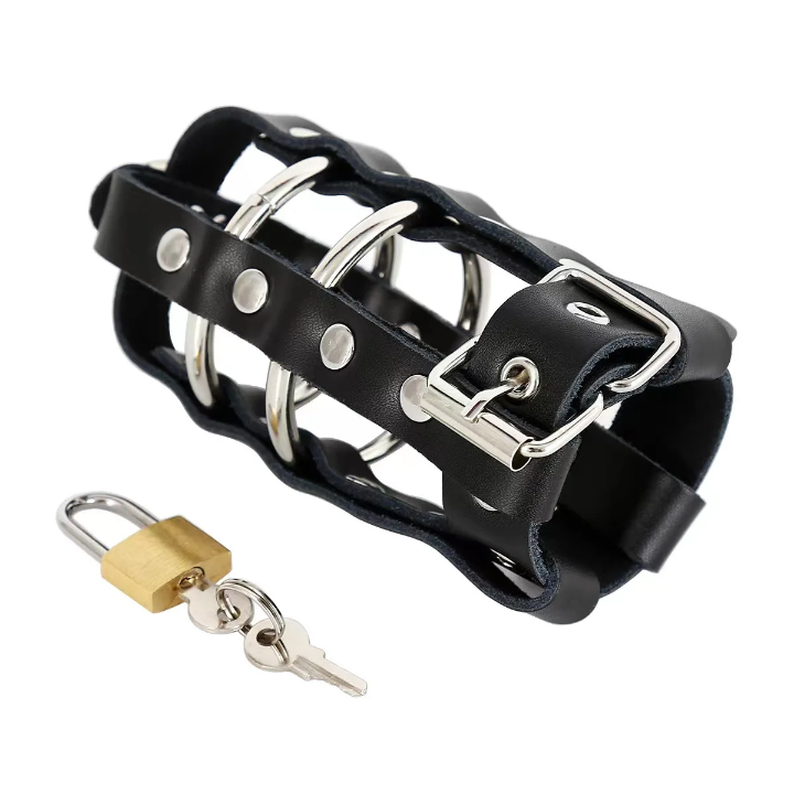 Premium Faux-Leather Male Chastity Cage – Adjustable Locking Cage with Metal Rings & Padlock