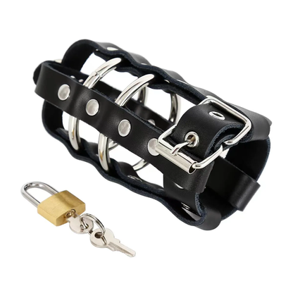 Premium Faux-Leather Male Chastity Cage – Adjustable Locking Cage with Metal Rings & Padlock