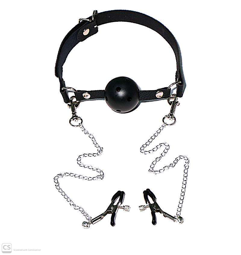2-in-1 Leather Ball Gag & Nipple Clamps Set – Premium Adult Restraints
