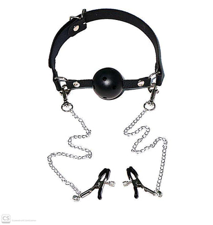 2-in-1 Leather Ball Gag & Nipple Clamps Set – Premium Adult Restraints
