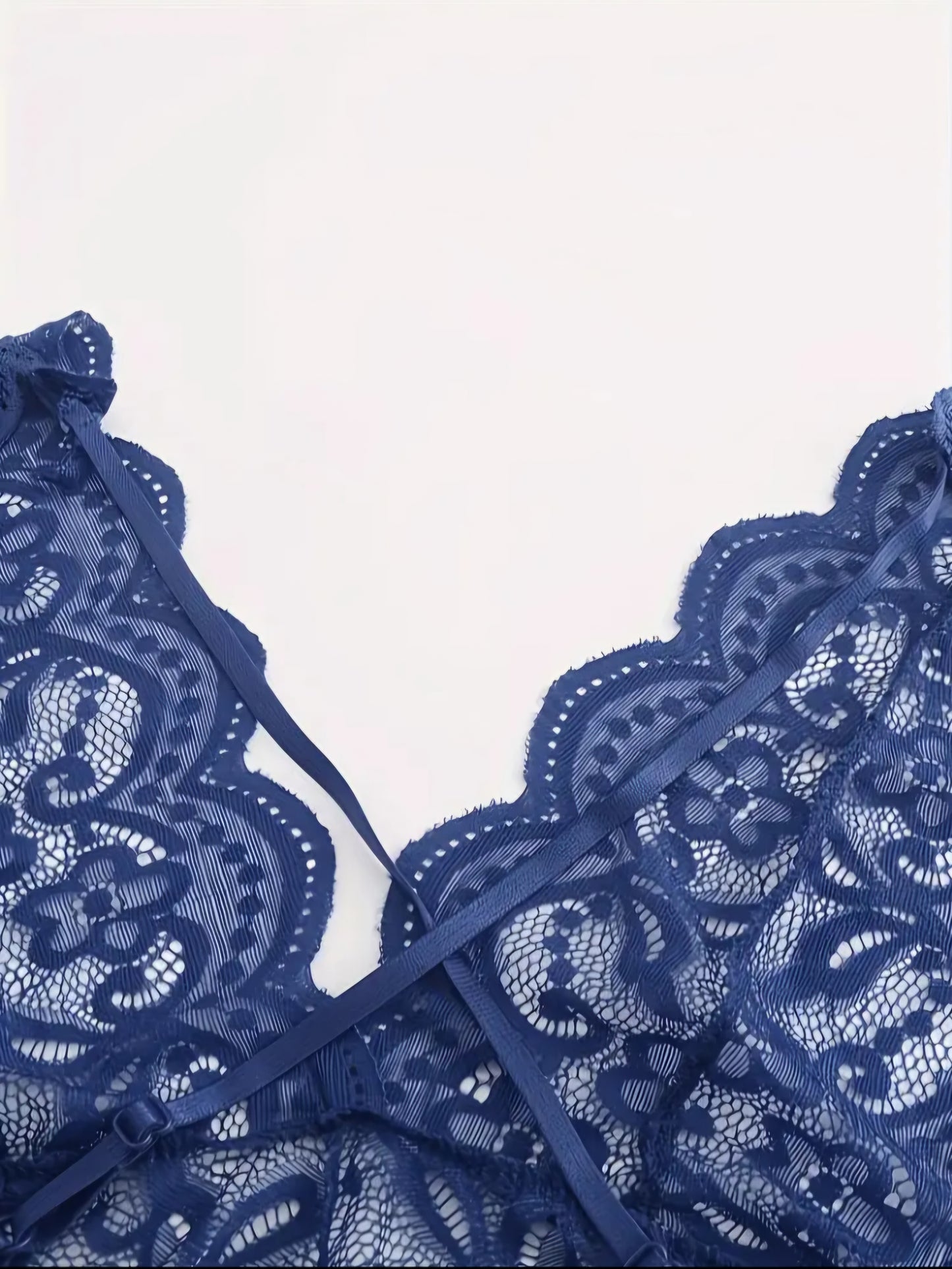 Navy Midnight Lace Seduction Jumpsuit – Backless Hollow-Out Teddy with Scalloped Trim. Size S.