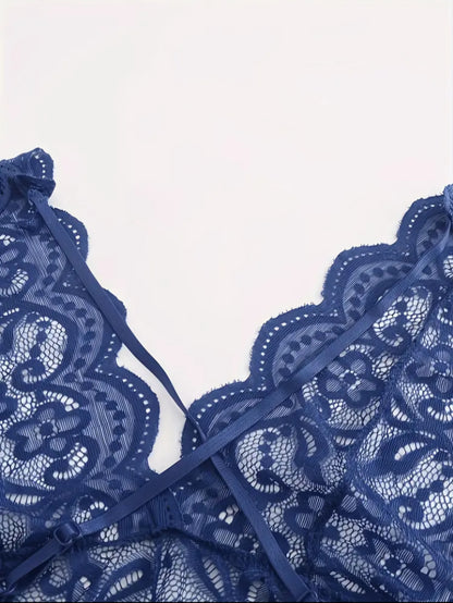 Navy Midnight Lace Seduction Jumpsuit – Backless Hollow-Out Teddy with Scalloped Trim. Size S.