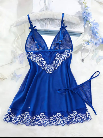 Royal Blue Lace Nightdress Set – Size M AMA