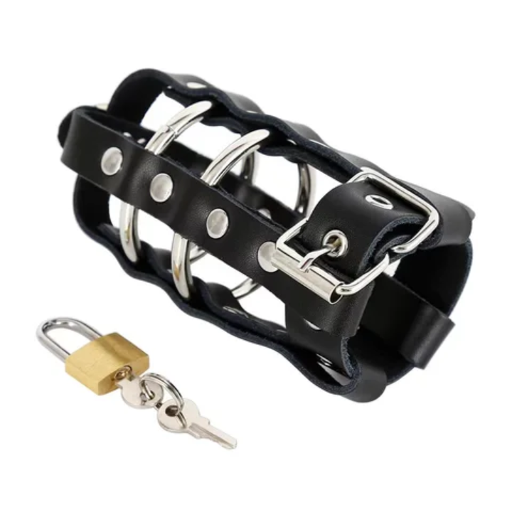 Premium Faux-Leather Male Chastity Cage – Adjustable Locking Cage with Metal Rings & Padlock