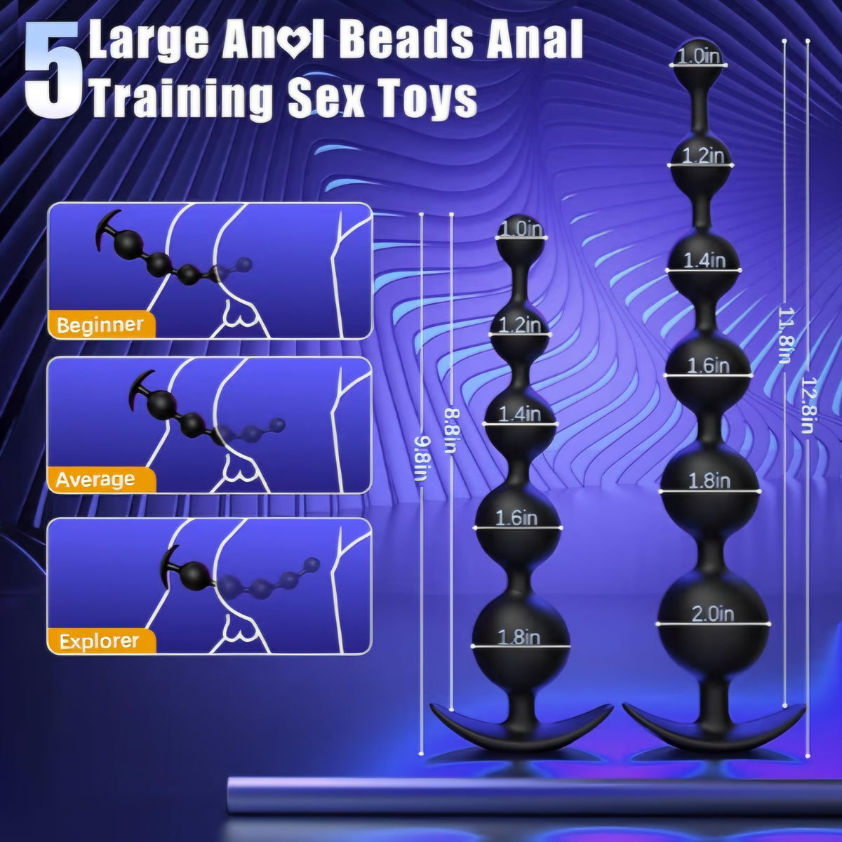 Anal Beads Butt Plug Anal Toys - 9.8" Long ButtPlug 1.8" Diameter Large Silicone Beads with 5 Gradient Anal Trainer, Flexible Prostate Massager Sex Toys for Men & Couple (Opp Bag) AMA