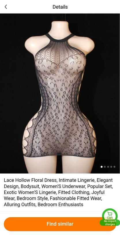Midnight Leopard Lace Mini Dress – High-Neck Hollow-Out Mesh Lingerie for Intimate Evenings. One Size.