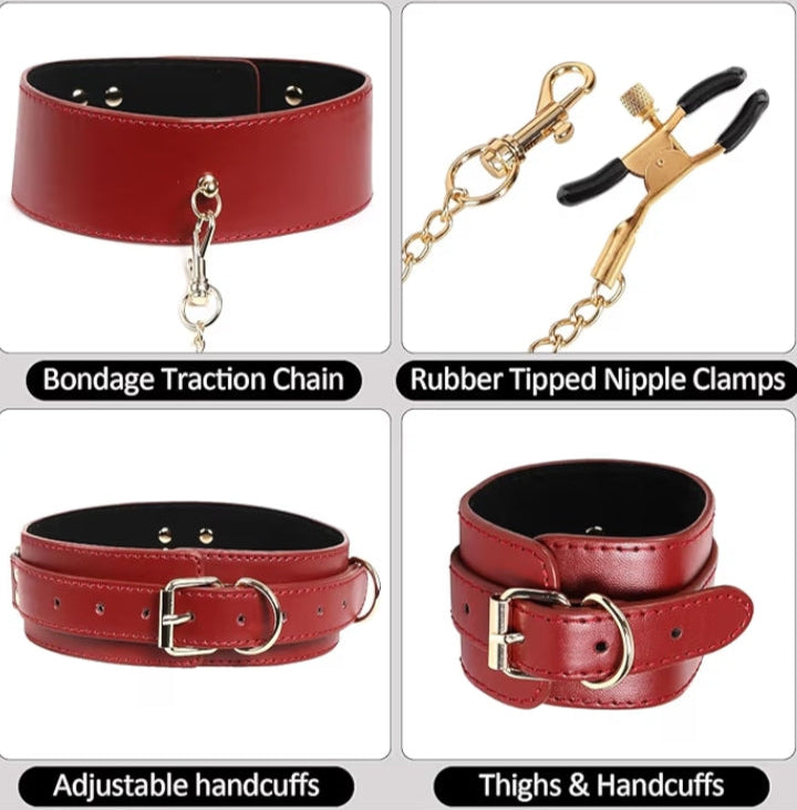 BDSM Sex Bondage Restraint Kit – Adjustable Leather Handcuffs, Thigh Cuffs, Collar with Nipple Clamps & Chains – Comfortable SM Gear Gifts for Women Couples Beginners