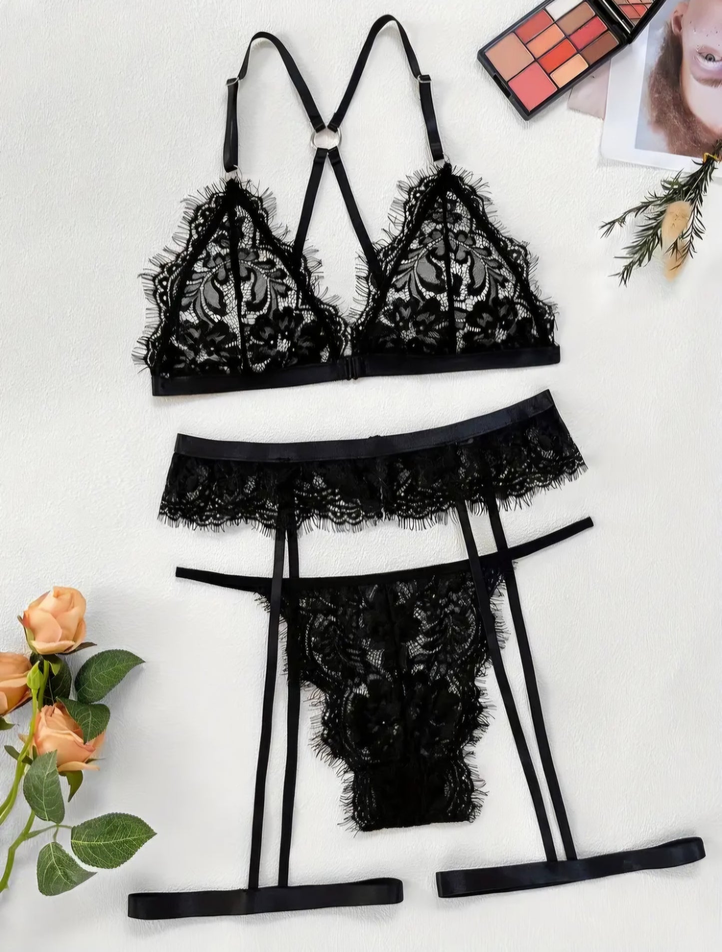 🖤 Flirtatious 3-Piece Black Eyelash Lace Lingerie Set - Size L 🖤