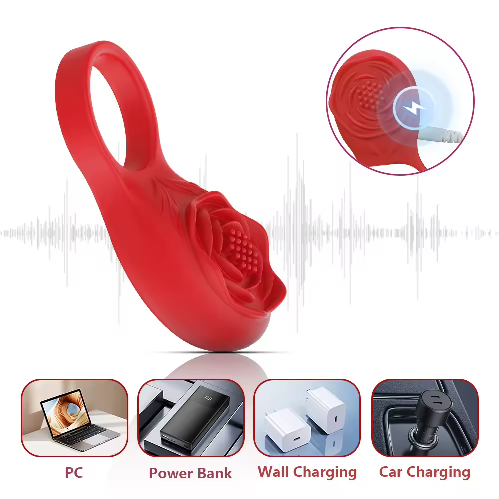 Rose-Shaped App-Controlled Vibrating Cock Ring Penis Ring with Clitoral Massager