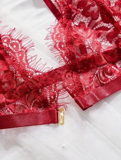🌹 Sensual 3-Piece Red Eyelash Lace Lingerie Set - Size M 🌹