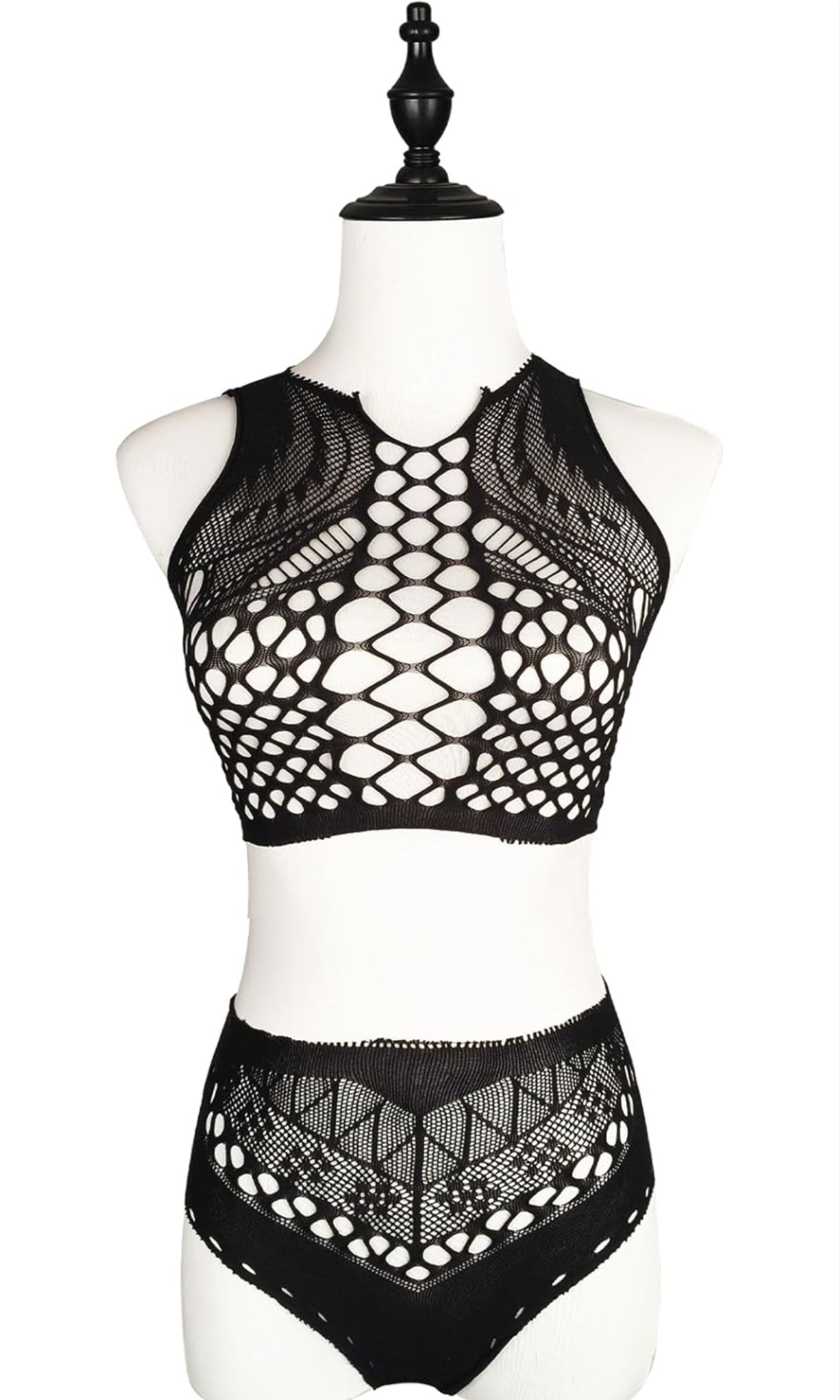 Sexy Rhinestone Lingerie Set for Women, Halter Top, Mini Skirt, Lace, Bunny Tail, and Matching Gloves (black, fishnet)