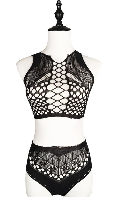 Sexy Rhinestone Lingerie Set for Women, Halter Top, Mini Skirt, Lace, Bunny Tail, and Matching Gloves (black, fishnet)