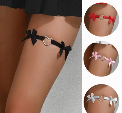 Women's Gothic Black Garter Leg Ring – Adjustable Bow & Heart Thigh Strap