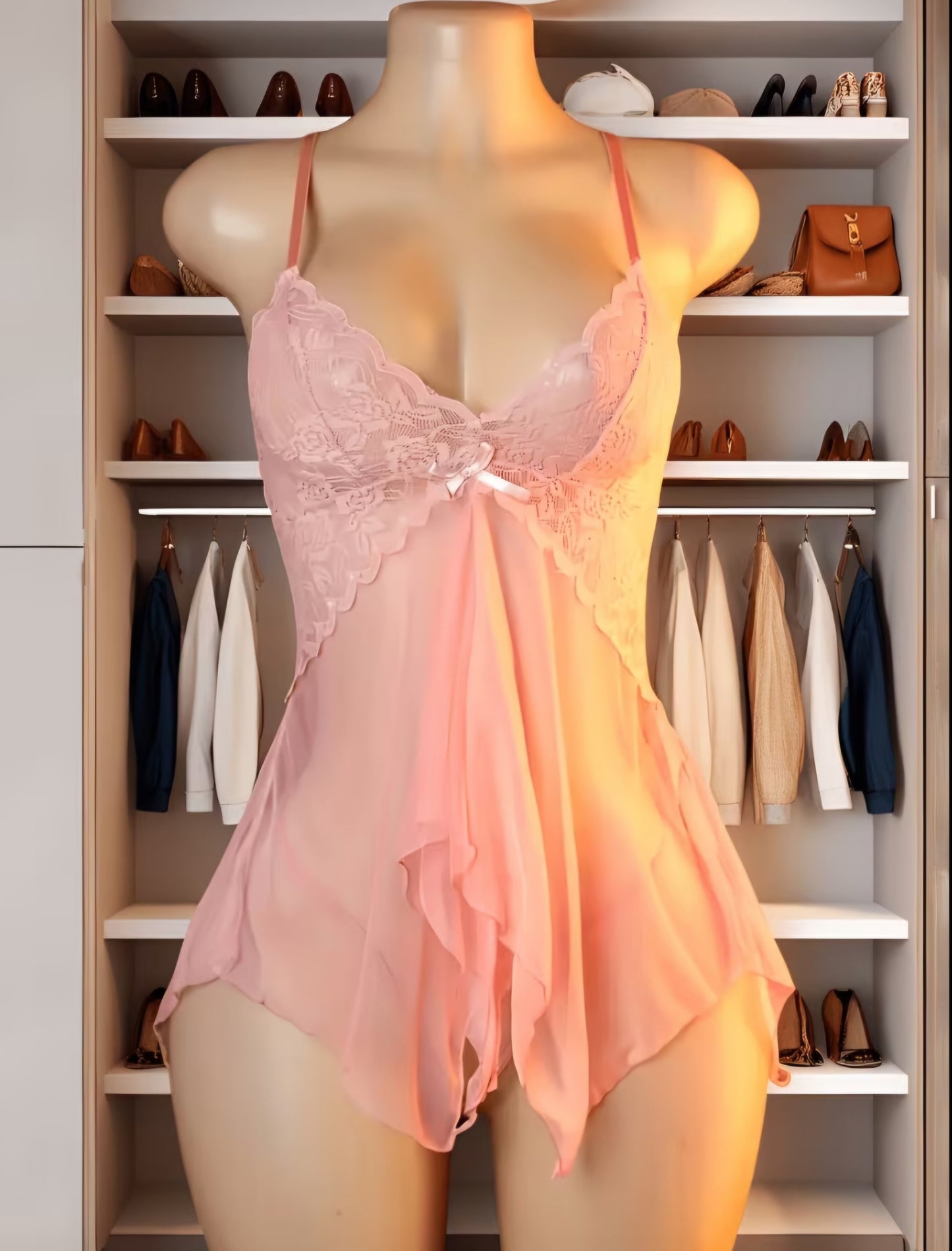 Romantic Pink Lace Babydoll Camisole & Nightgown Set One Size SF