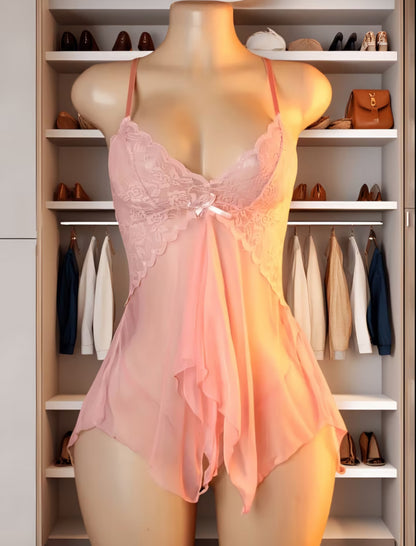 Romantic Pink Lace Babydoll Camisole & Nightgown Set One Size SF