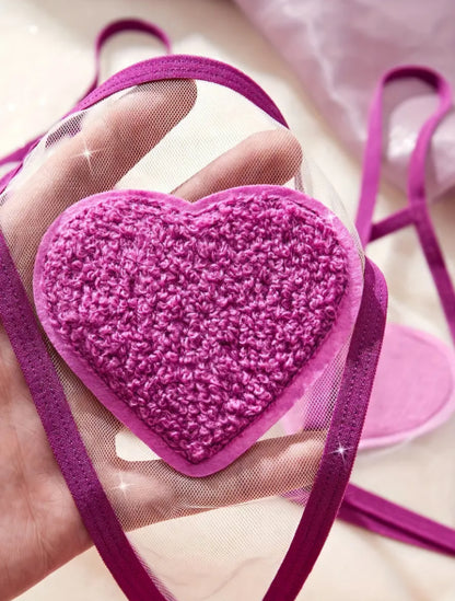 Deep Purple Heart-Appliqué Lingerie Set – Sheer Mesh Bralette & Chain-Linked Thong. Size L