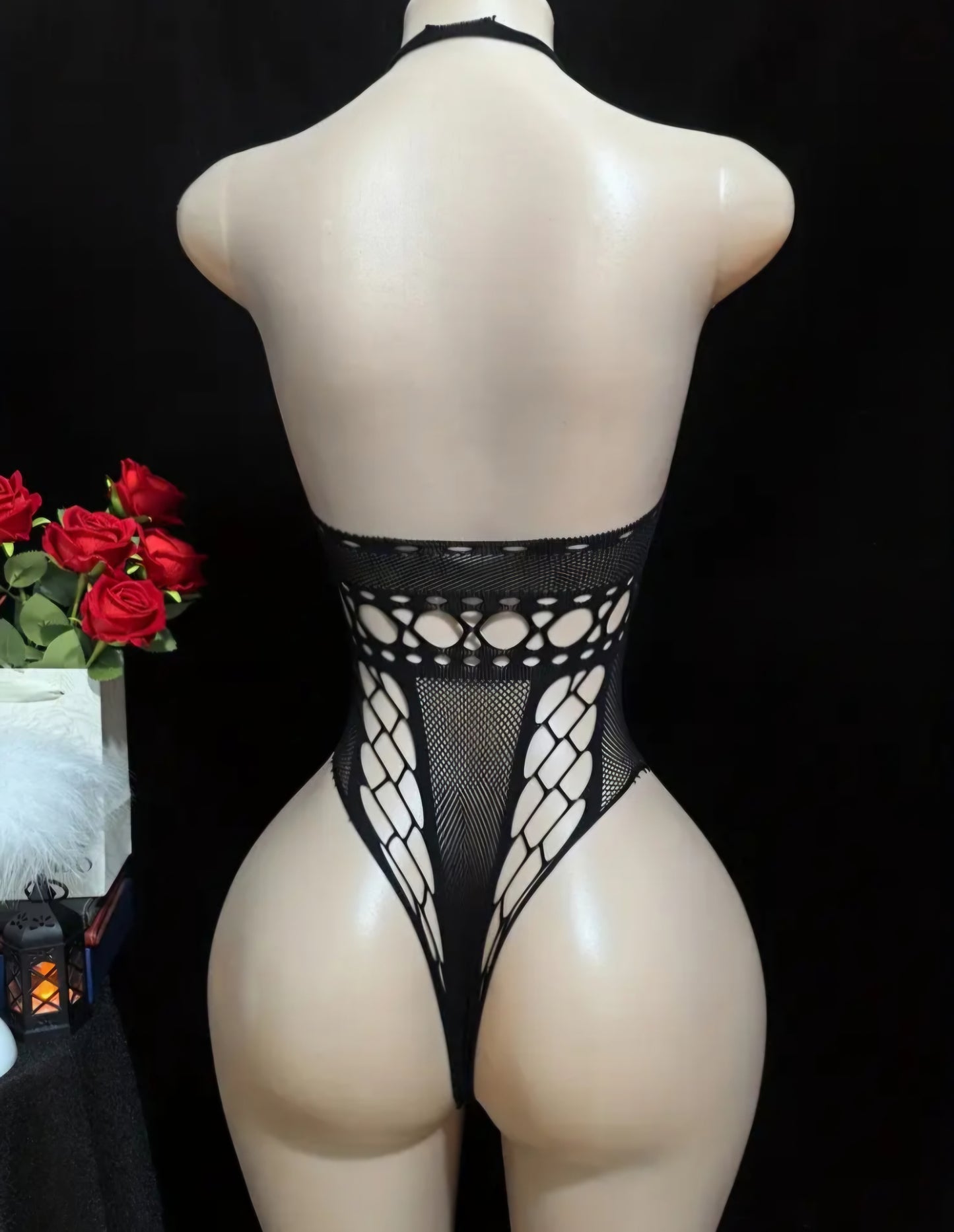 Daringly Sheer: 1pc Sexy Halter Neck Lace Mesh Hollow-Out Bodysuit Lingerie - One Size