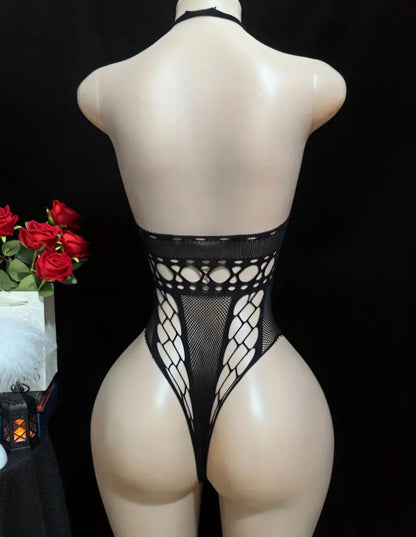 Daringly Sheer: 1pc Sexy Halter Neck Lace Mesh Hollow-Out Bodysuit Lingerie - One Size