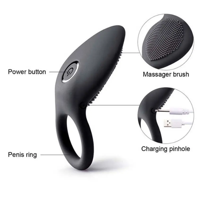 Textured Silicone Vibrating Cock Ring with Clitoral Massager Brush