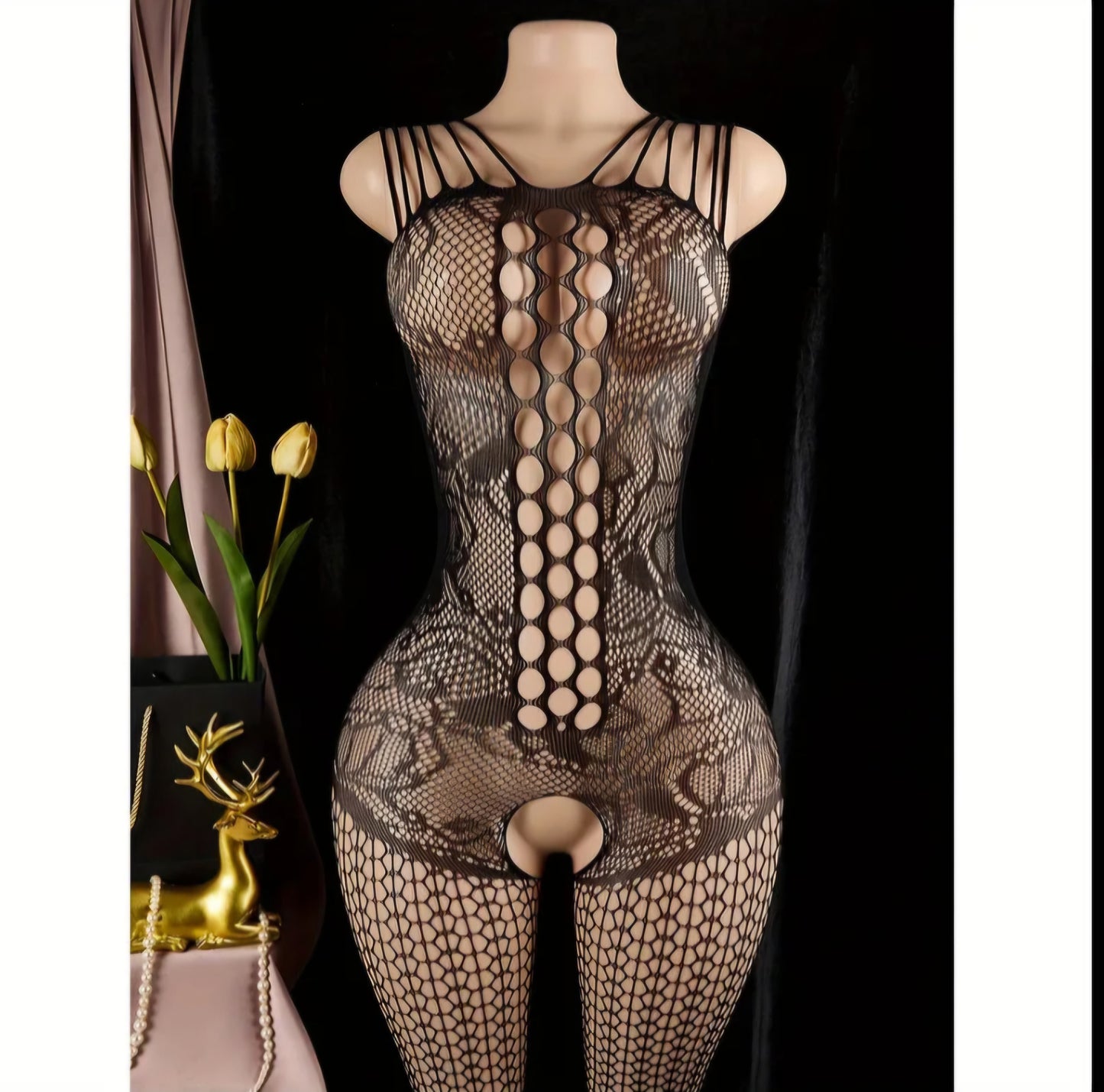Full Body Floral Fishnet Teddy - Strappy Neckline Open Crotch Bodystocking.  One Size.