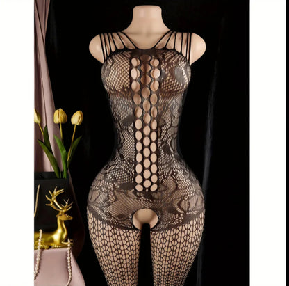 Full Body Floral Fishnet Teddy - Strappy Neckline Open Crotch Bodystocking.  One Size.