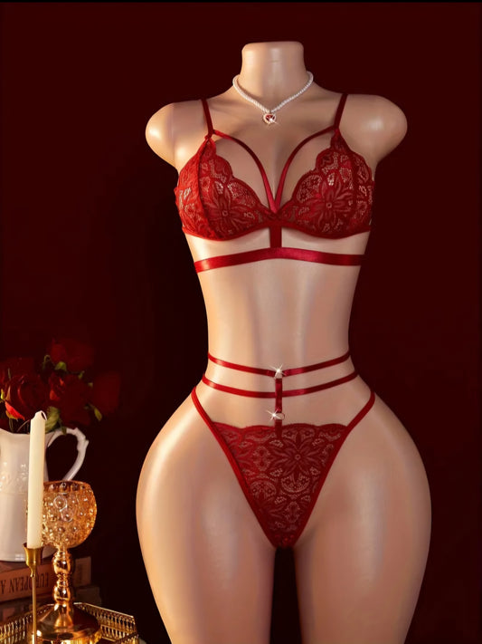 Radiant in Red: Contrast Lace & Sheer Mesh Lingerie Set. Size L.