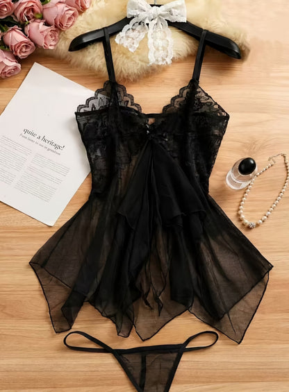 Sheer Elegance Black Lace Babydoll & G-String Set One Size SF
