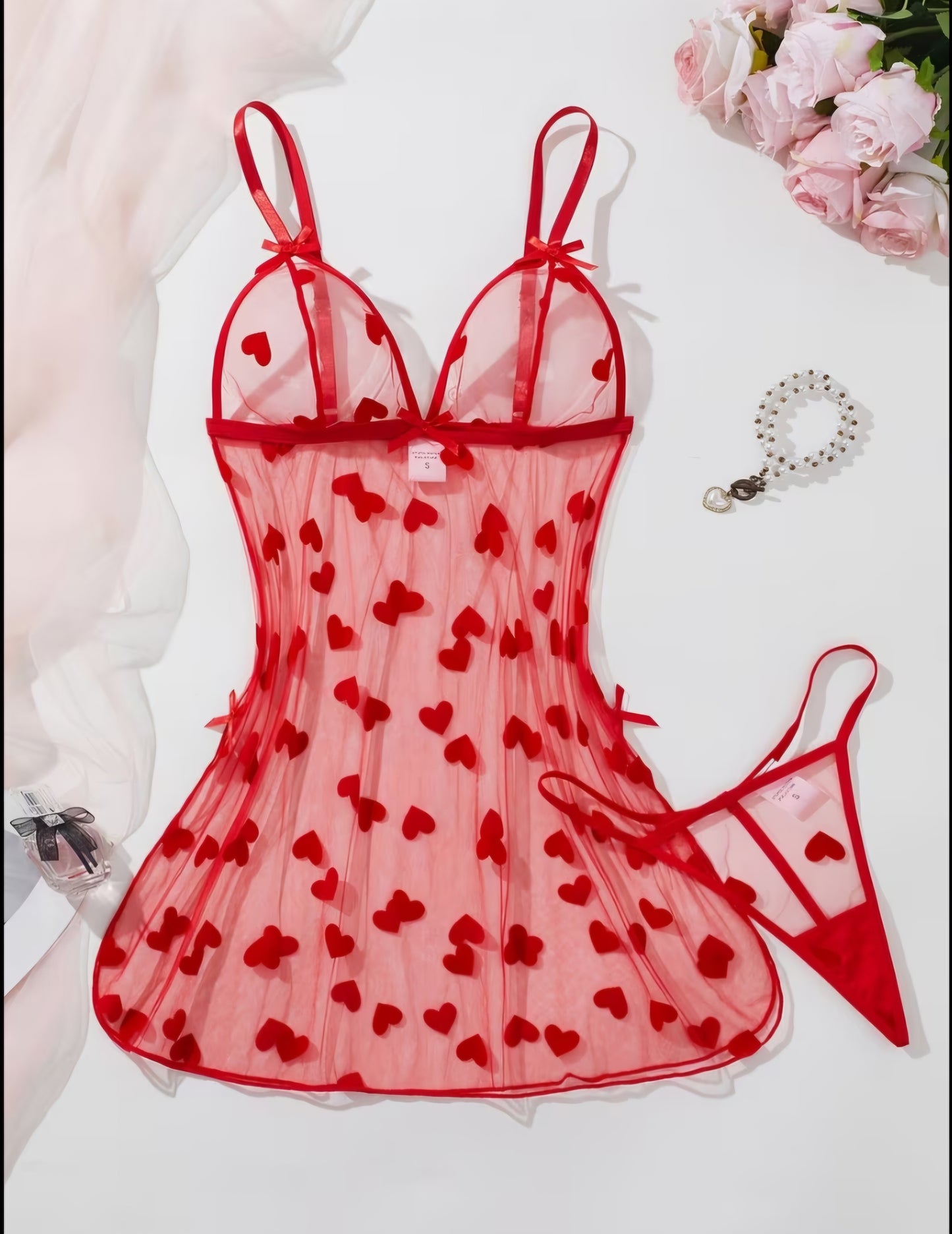Heart-Print Romance: 2-Piece Mesh Lingerie Set - Size M AMA