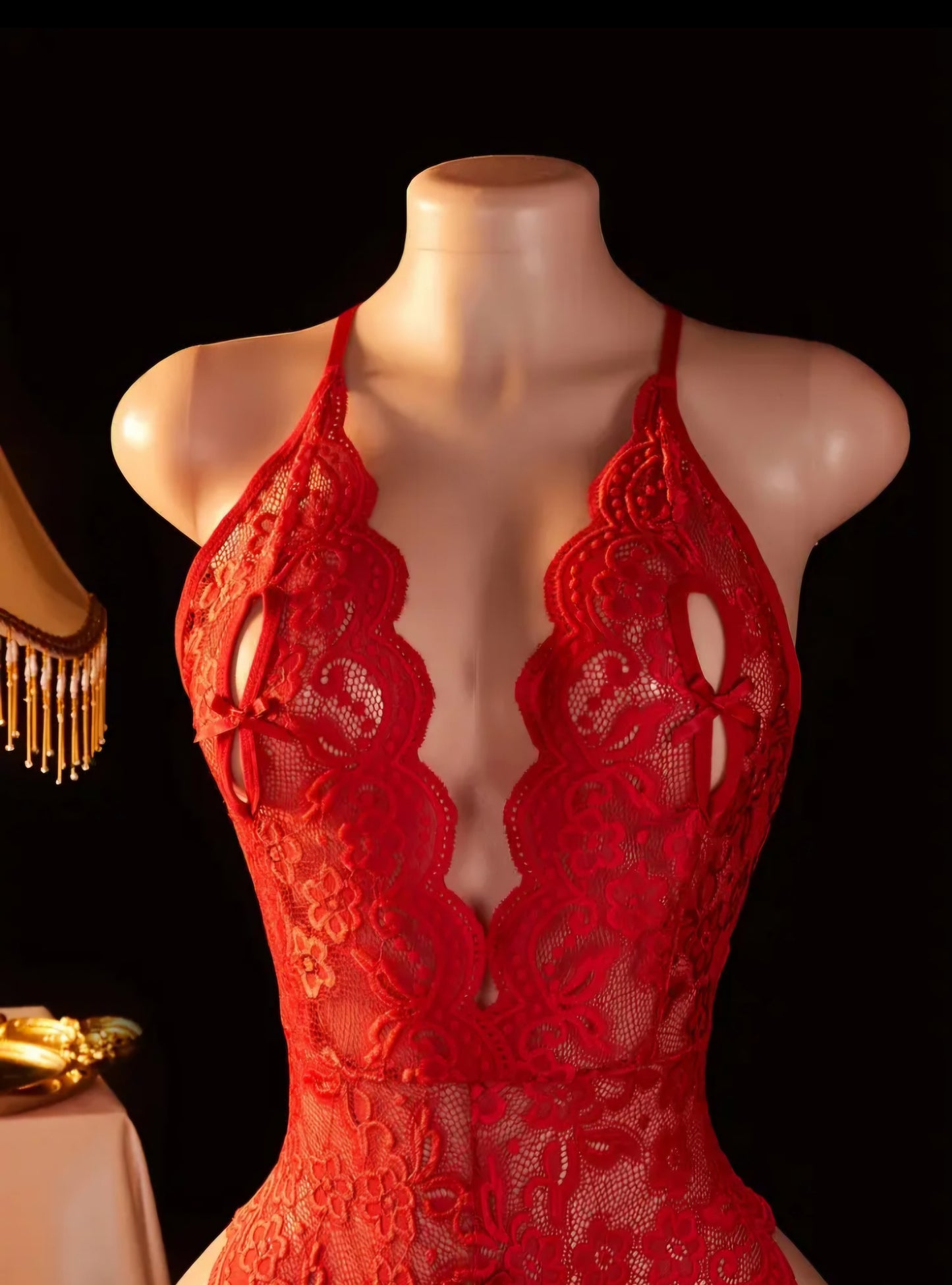 Crimson Allure Deep V-Neck Lace Bodysuit – Exotic Sheer Teddy with Open-Crotch Design. Size L.