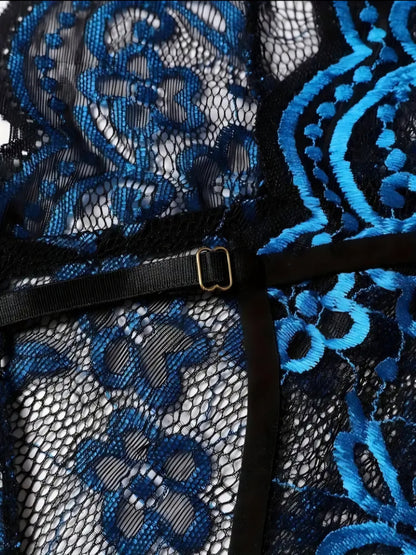 Halter Neck Lace Contrast Crotchless Lingerie (Blue)