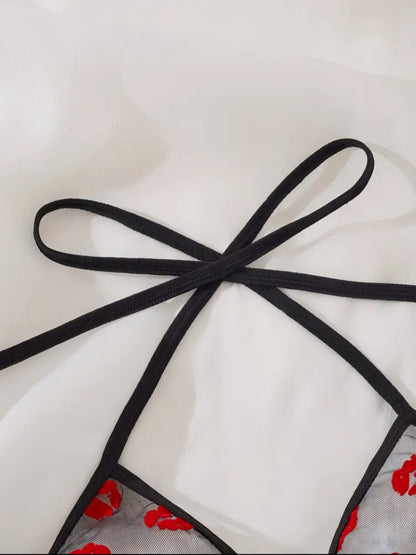 2-Piece Sheer Mesh Lingerie Set - Red Lips Print Halter Bra & Strappy Thong Set, Size L