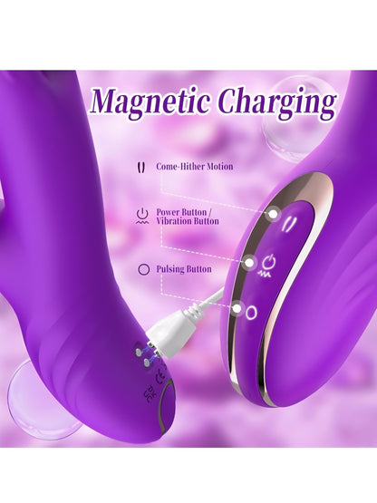 G Spot Vibrator Sex Toys for Women, 3 in 1 Dual Dildo Rabbit Vibrators with 6 Come-Hither Motion & 10 Vibrating & 7 Pulsing Modes, Finger Vibrator Female Adult Toy for G Spot Clit Nipple Stimulation