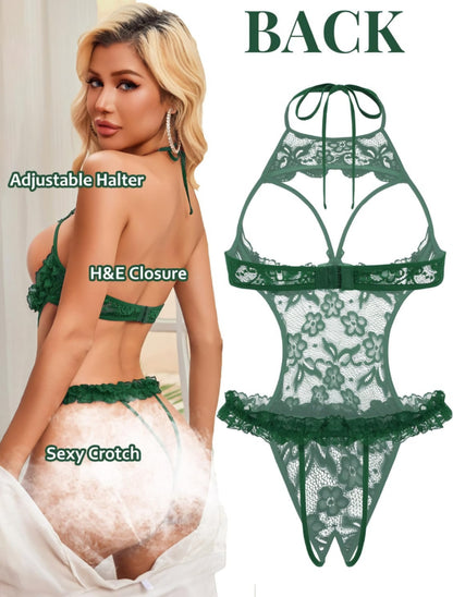 Avidlove Sexy Lingerie for Women Halter Neck One Piece Teddy Bodysuit Lace Mini Babydoll Sleepwear Size L AMA