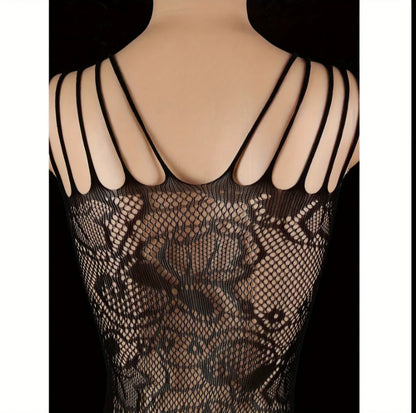 Full Body Floral Fishnet Teddy - Strappy Neckline Open Crotch Bodystocking.  One Size.