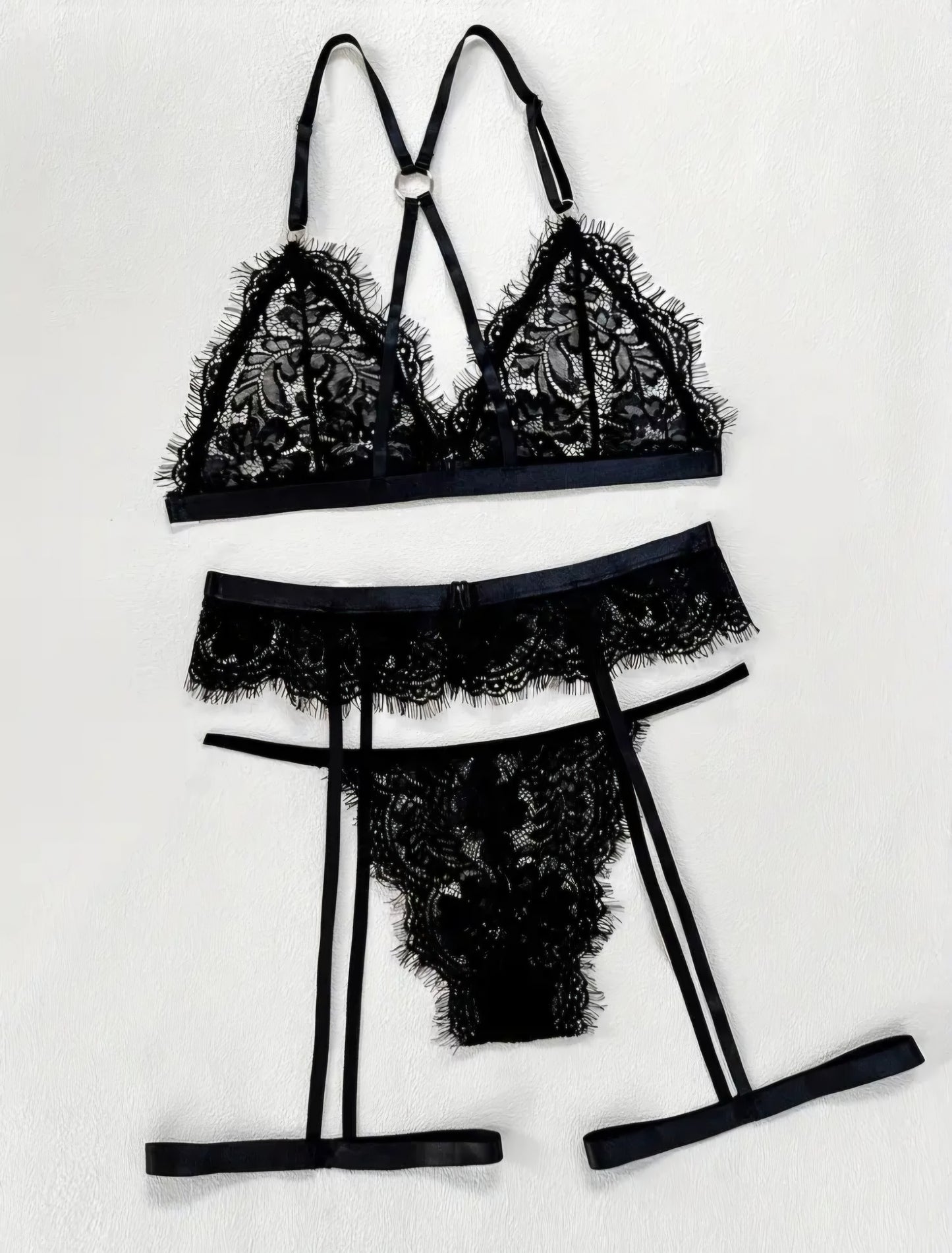 🖤 Flirtatious 3-Piece Black Eyelash Lace Lingerie Set - Size L 🖤