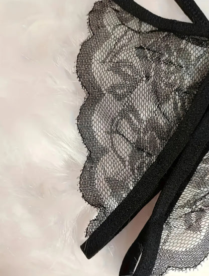 Draft Deep V Transparent Backless Contrast Lace Crotchless Lingerie. Size L