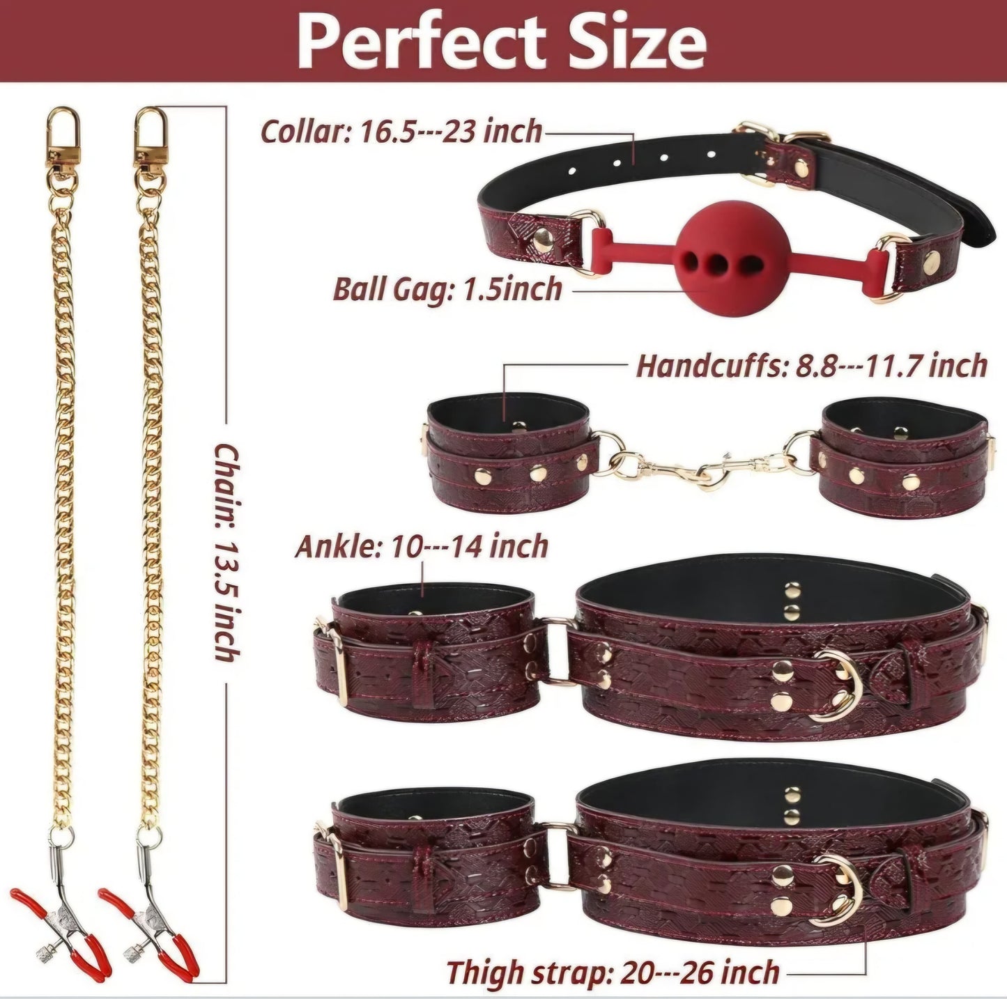 BDSM Kit Sex Bondage Restraints, 5Pcs Bondage Set Couple Sex Toys with Adjustable Red Leather Ankle Thigh Sex Cuffs & Handcuffs, BDSM Sex Restraints Adult Toy AMA