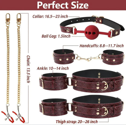 BDSM Kit Sex Bondage Restraints, 5Pcs Bondage Set Couple Sex Toys with Adjustable Red Leather Ankle Thigh Sex Cuffs & Handcuffs, BDSM Sex Restraints Adult Toy AMA
