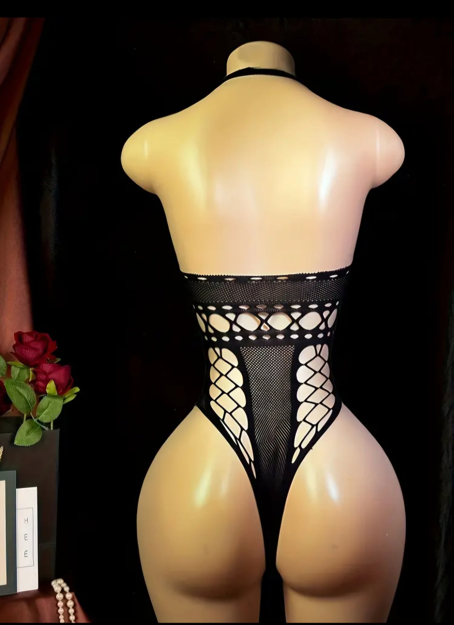 Perspective Mesh Hollow-Out Siamese Bodysuit – Plus Size Friendly High-Elasticity Teddy with Open-Crotch Detail, One Size