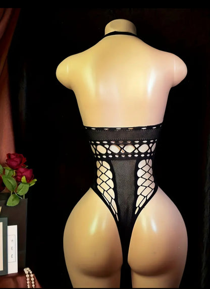 Perspective Mesh Hollow-Out Siamese Bodysuit – Plus Size Friendly High-Elasticity Teddy with Open-Crotch Detail, One Size