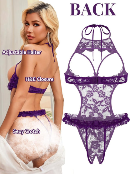 Avidlove Sexy Lingerie for Women Halter Neck One Piece Teddy Bodysuit Lace Mini Babydoll Sleepwear Size XXL AMA