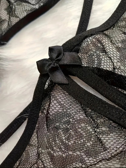 Draft Deep V Transparent Backless Contrast Lace Crotchless Lingerie. Size L